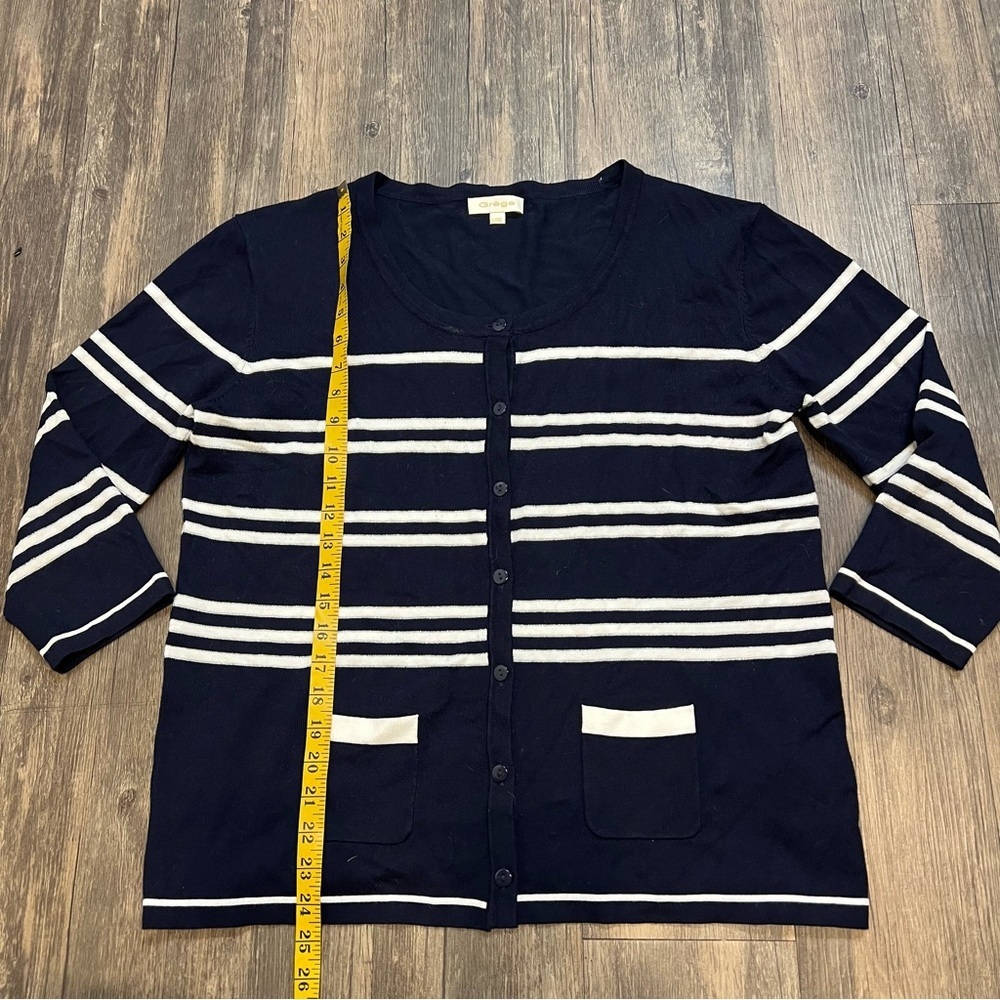 Grege Navy Blue White Stripe Button Up Short Knit Cardigan Sweater 1/4 Sleeve XL - Picture 8 of 10